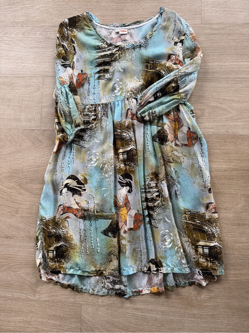 Tianello Light Blue Geisha-Print Midi Dress